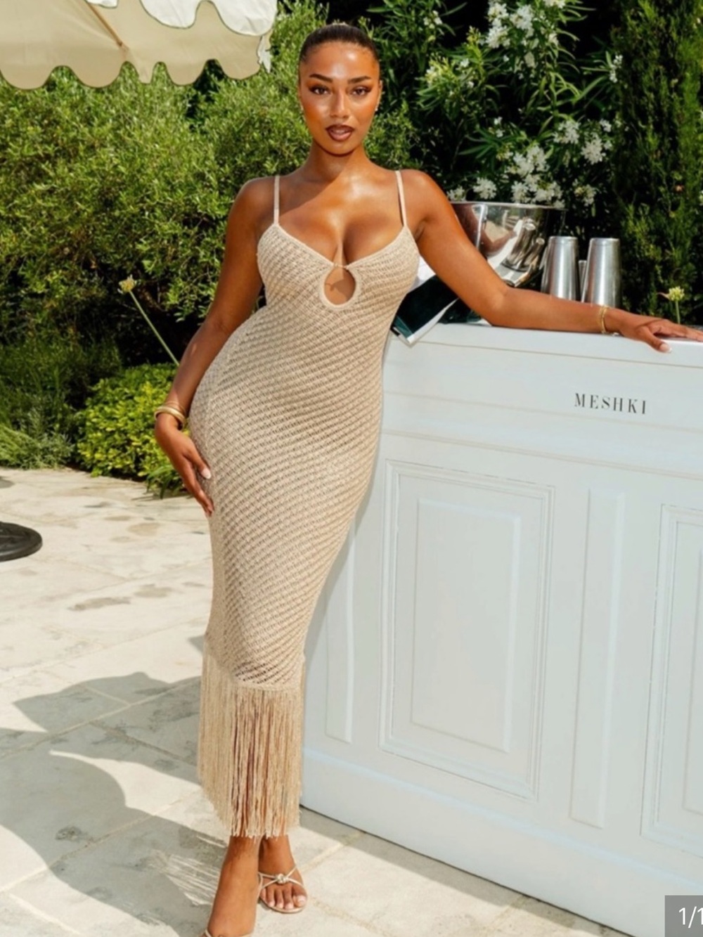 Meshki Raelynn Metallic Knit Fringe Midi Dress - Cream Gold